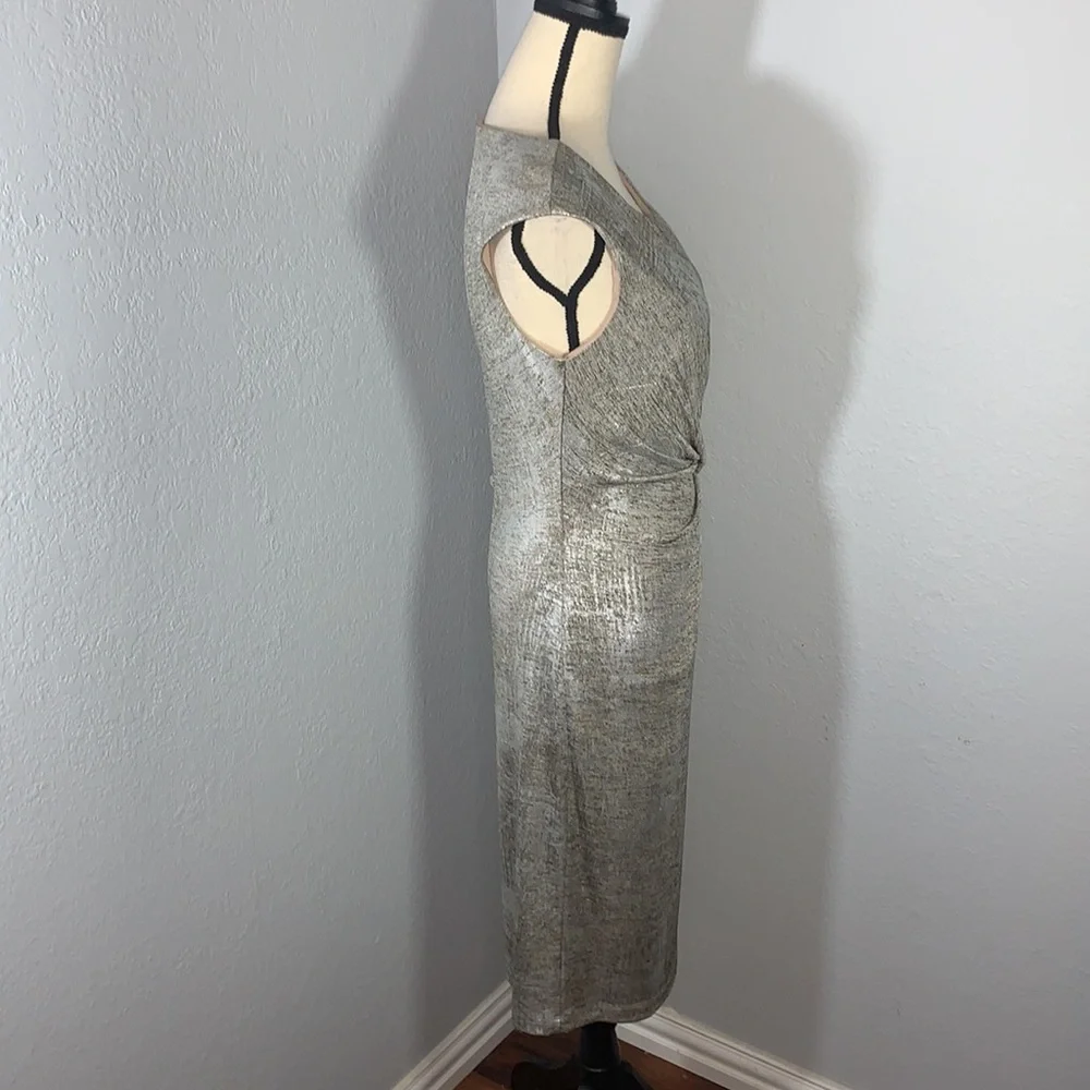 Connected Apparel Metallic Gold Faux Wrap Midi Dress Size 8 Holiday Party